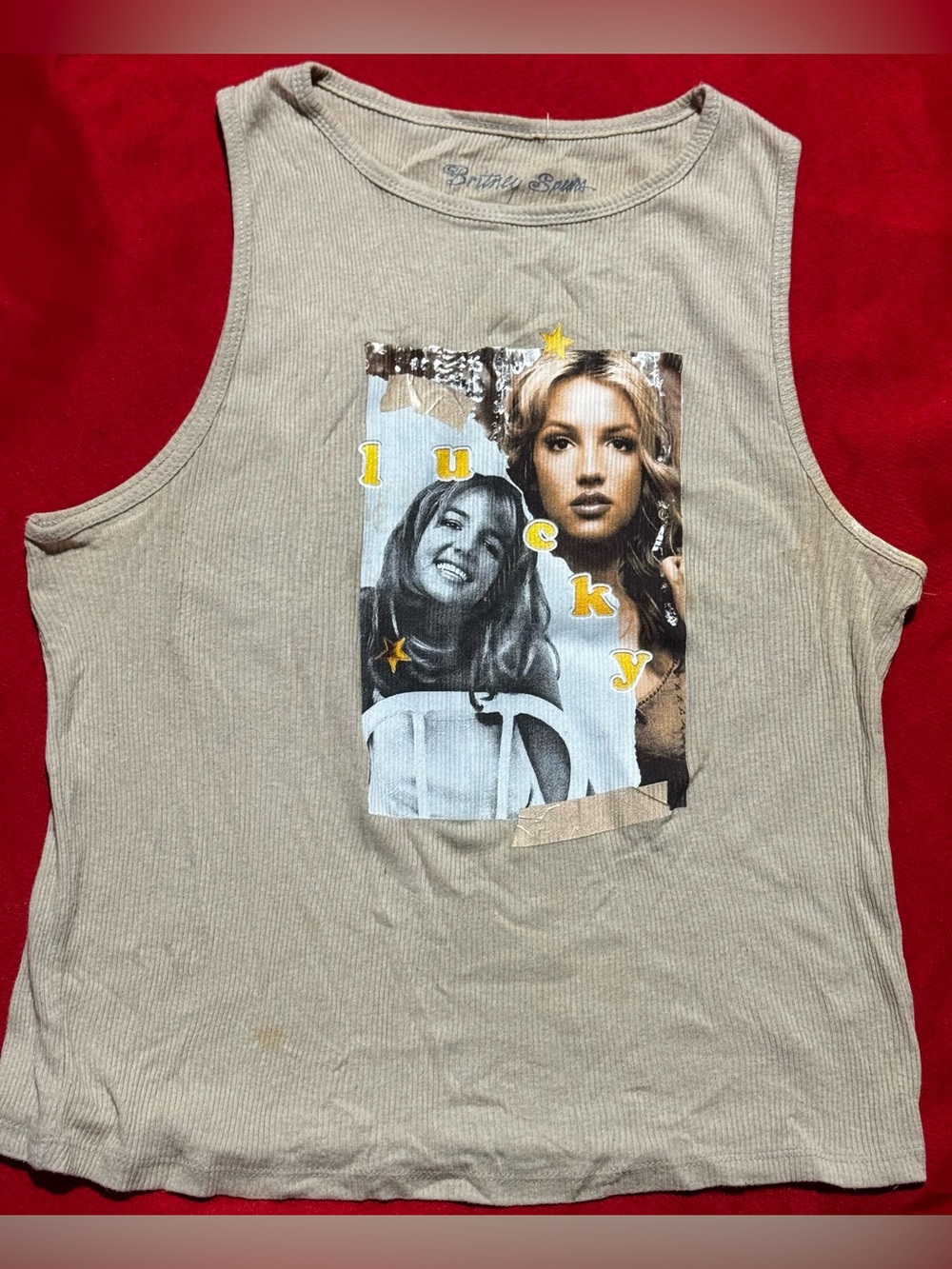 Beige Ribbed Graphic Tank Top with 'Lucky' Photographic Print